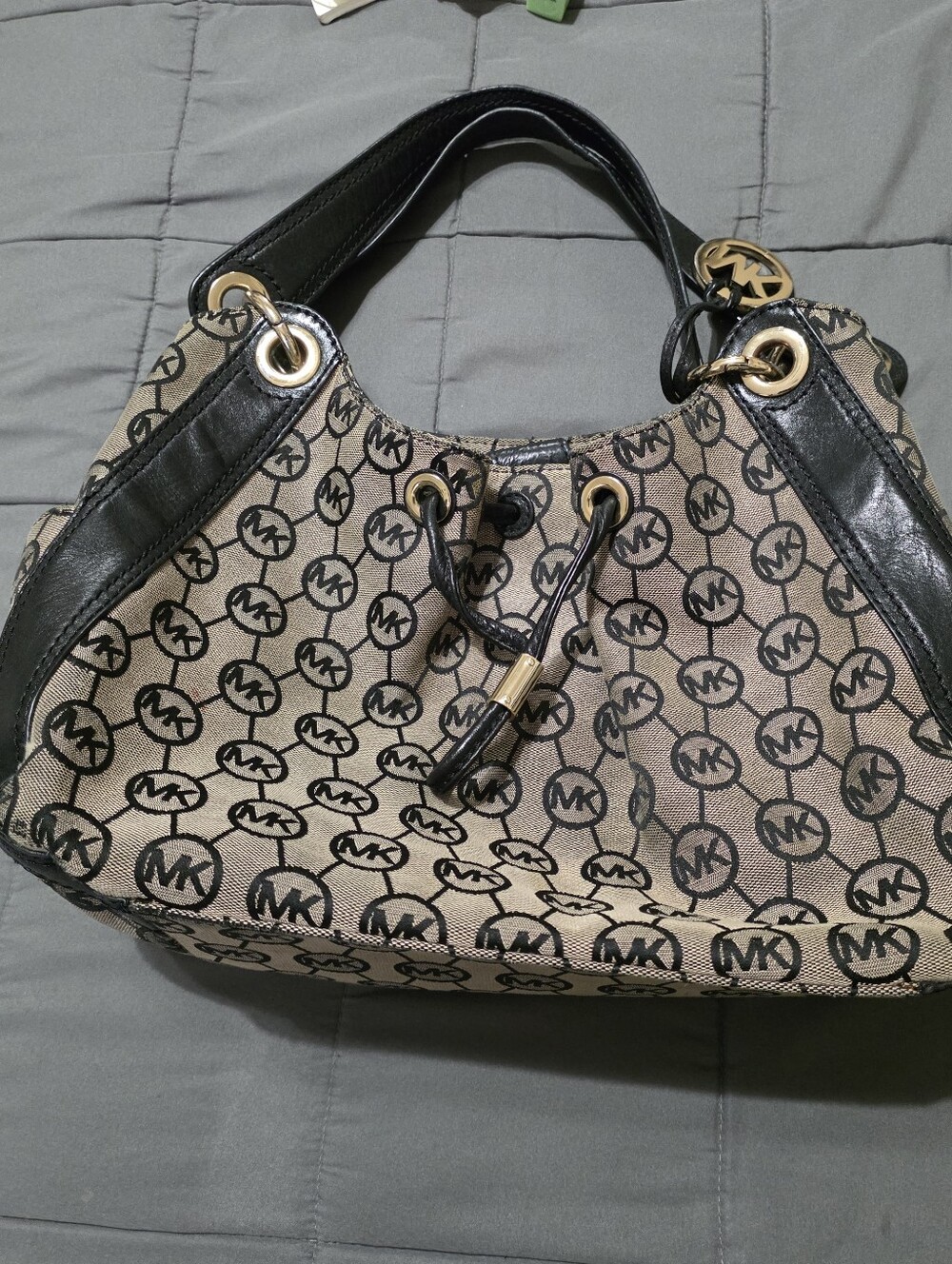 Michael Kors Tan Logo Drawstring Shoulder Bag with Black Trim